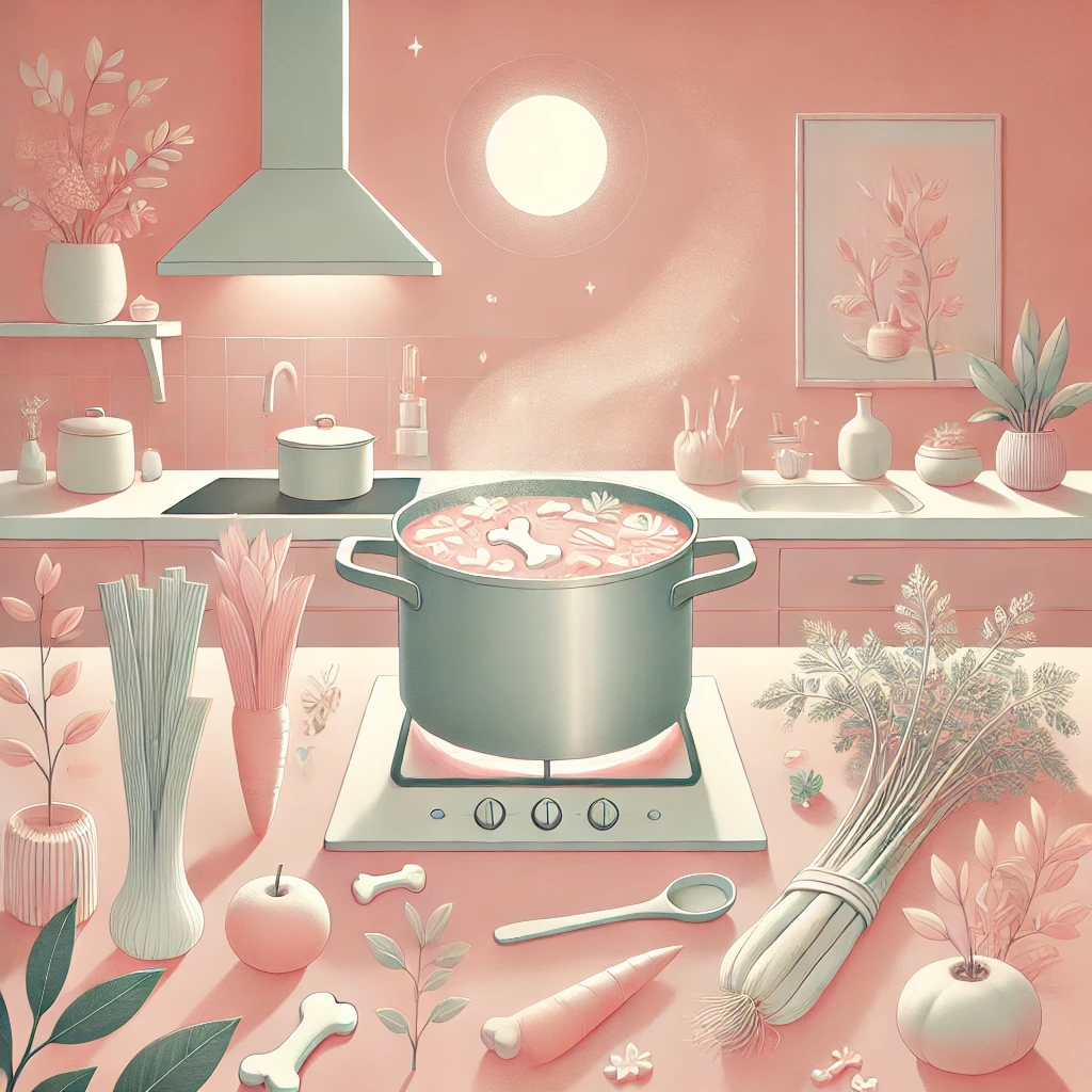 A-soft-pink-illustration-in-a-calm-zen-inspired-style-depicting-a-serene-kitchen-scene-where-a-pot-of-bone-broth-is-simmering-gently-on-the-stove